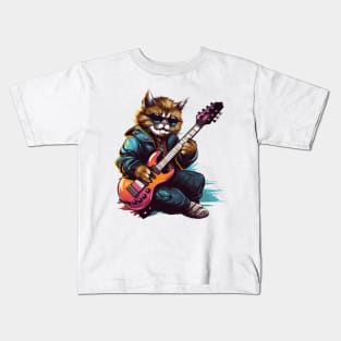 Rockstar Cat Playing Electric Guitar Kids T-Shirt